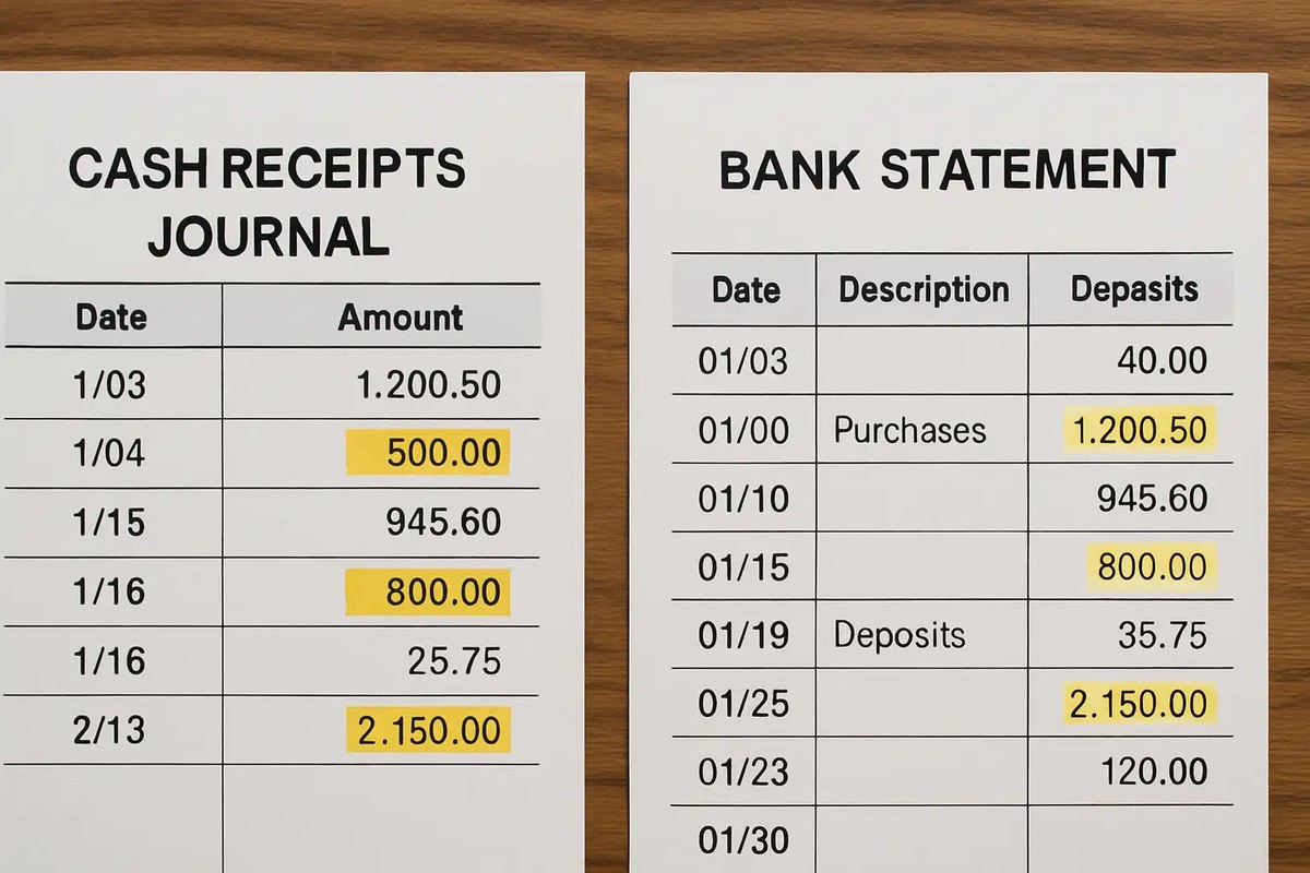Business bank statement and cash receipts records